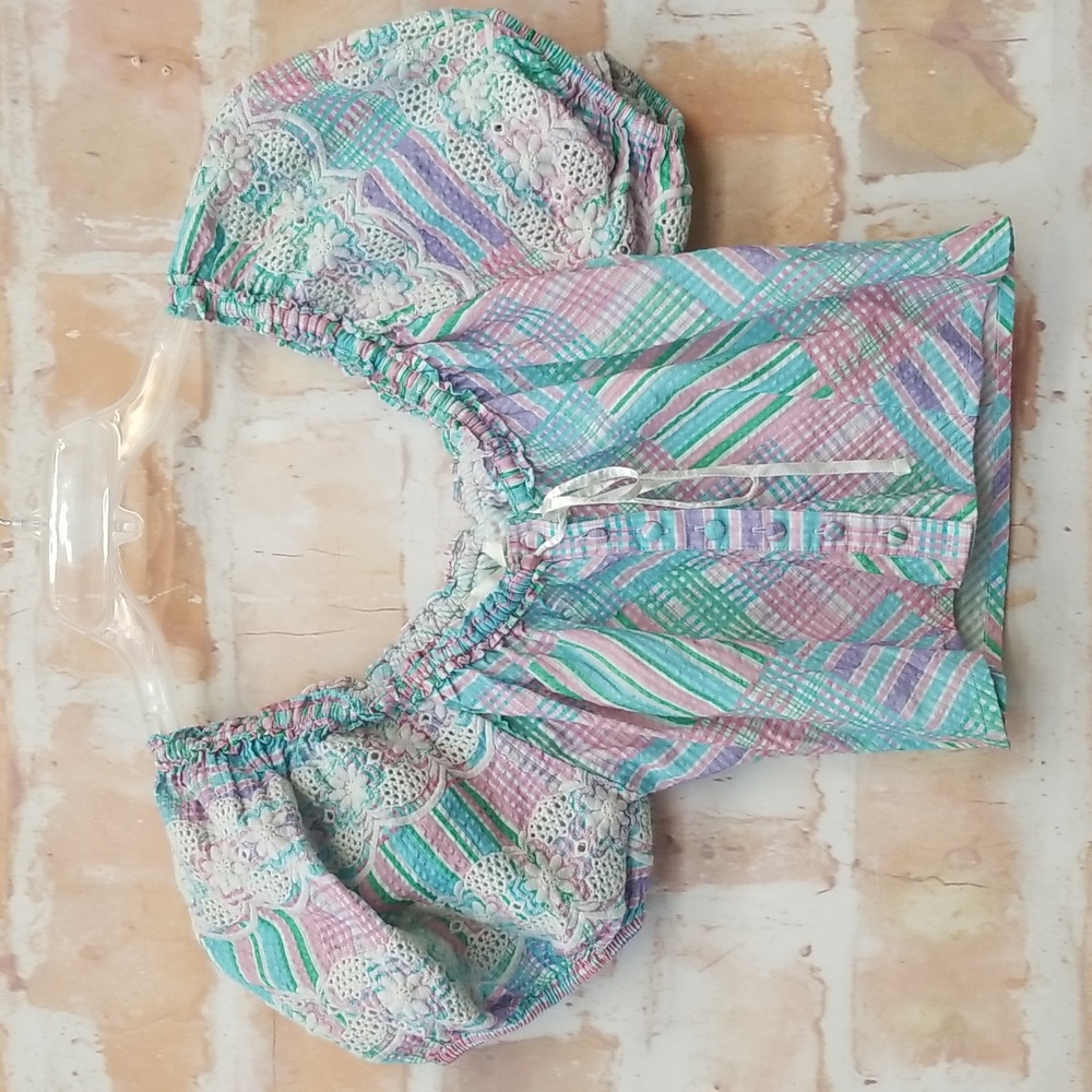 EUC Women's LOVESHACKFANCY top. Size Small. Colors Blue Pink Green Wht
